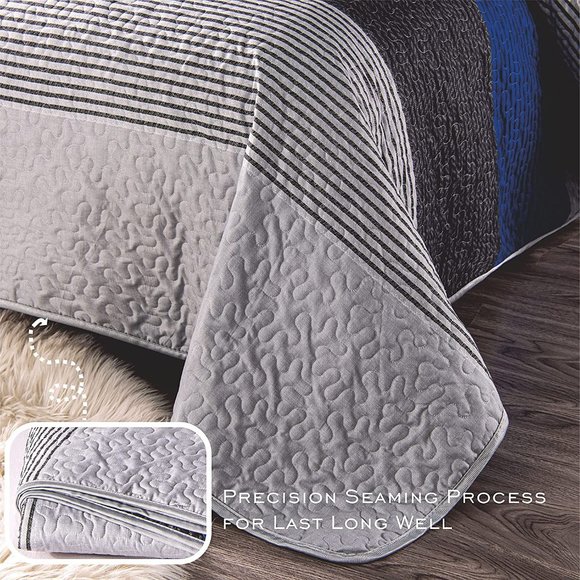 New 3 Pieces Blue Striped Alternative  Quilted Bedding Set,1 Quilt + 2 P… - Picture 5 of 12